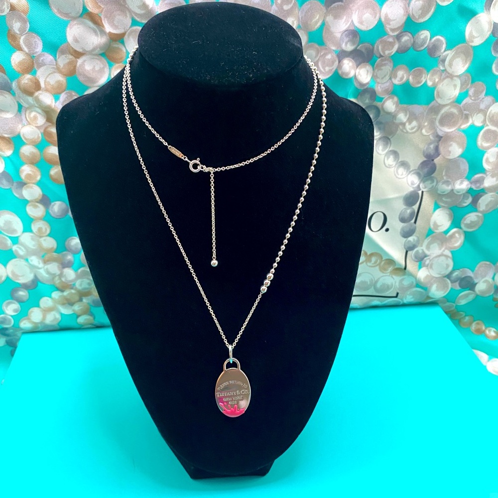Mix bead chain and medium oval pink enamel splash necklace - Picture 4 of 6